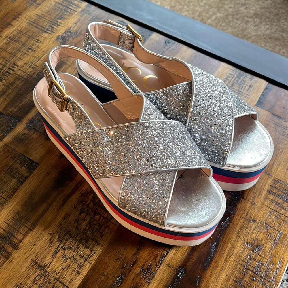 Gucci silver glitter cross platform sandals size 37